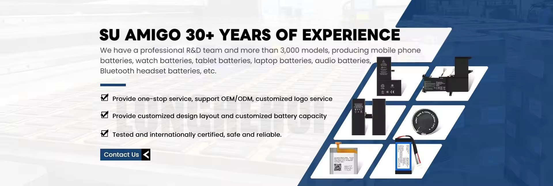 Fabricante de baterías para teléfonos móviles de alta capacidad original durante más de 30 años en Dongguan, China, ventas directas de fábrica y exportador mayorista profesional en América del Sur ¡Envío 100% seguro puerta a puerta! Más de 3.000 productos en stock con marcas y modelos completos. ¡OEM gratis e imprime el LOGOTIPO de tu marca!